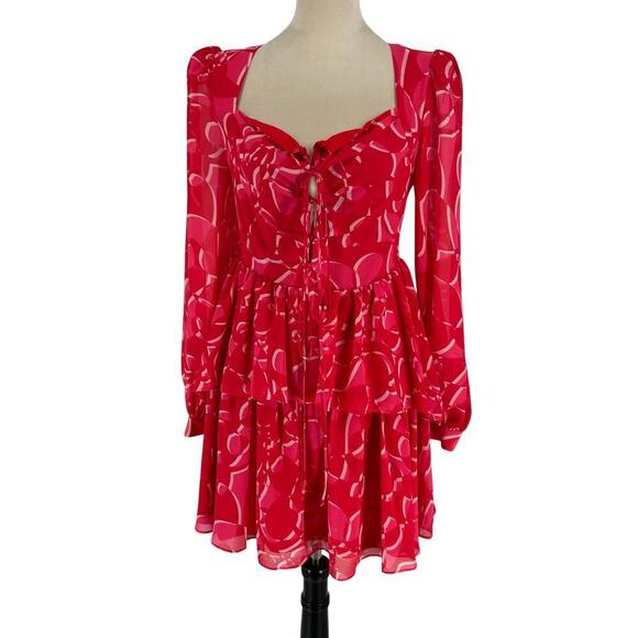NWT One33 Social Women's Red Abstract-Print Balloon-Sleeve Mini Dress Size 6 - Picture 2 of 5